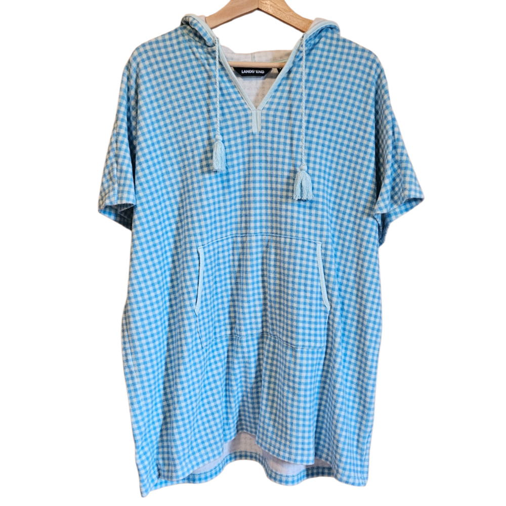 Lands' End S-M Blue White Gingham Cotton Terry Cloth Hooded Swim Cover Up Poncho